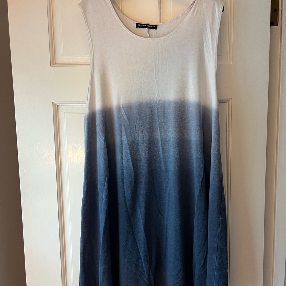Brandy Melville White and Blue Sundress Sleeveless Midi with Scoop Neck